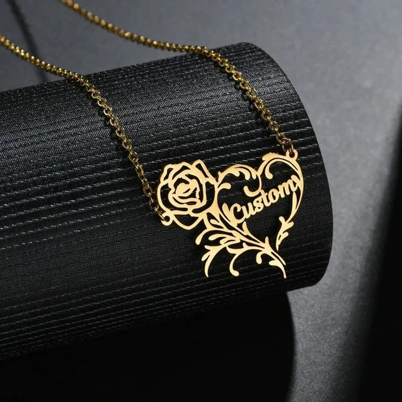 Custom Name Rose Heart Charm N - Birth Flower Necklace ulasan dan harga