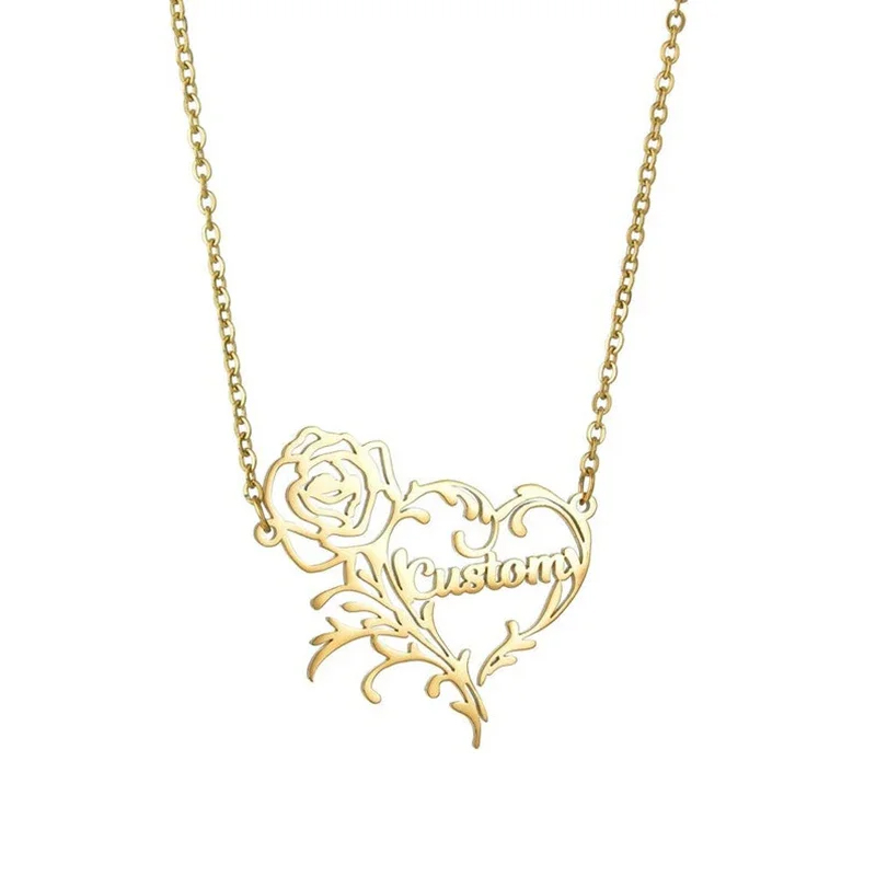 Custom Name Rose Heart Charm N - Birth Flower Necklace ulasan dan harga